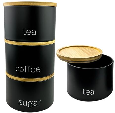Set of 3 Stackable Tea Coffee Sugar Canister Airtight Food Storage Containers Sugar Jars Tin (Black)