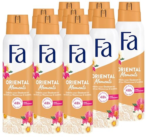 Fa Deospray Oriental Moments (9x 150 ml), Deo mit dem zarten Duft von Wüstenrose & Sandelholz, Deo ohne Aluminium für bis zu 48 h Deo-Schutz, hinterlässt keine Deo-Rückstände auf der Kleidung