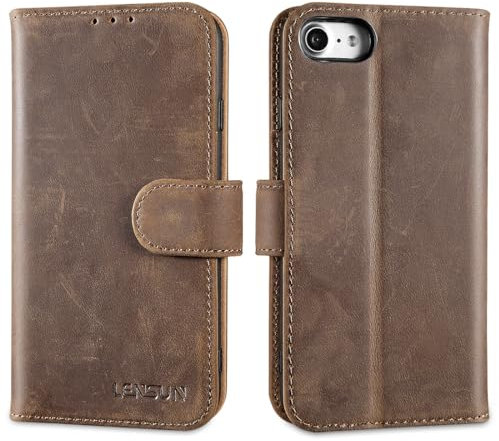 LENSUN Lederhülle für iPhone SE2020/SE 2022 5G, iPhone 7/iPhone 8 Handyhülle [Echtes Leder][Magnetverschluss][Kartenfach] Handytasche Echtleder Hülle - Vintage Dunkelbraun