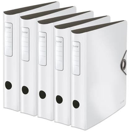 Leitz Qualitäts-Ordner 180° Active Solid, 5er Pack, A4, Schmal, Abgerundeter Rücken, 6,5 cm breit, Gummibandverschluss, Leichtes Polyfoam, Plastik-Ordner, Weiß, 10481001