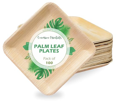 Concession Essentials 6 Inch Square Palm Leaf Dessert Plates -Bamboo Plates for Appetizers - Compostable and Eco-Friendly- Pack of 100ct