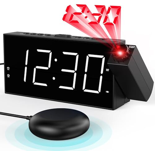 Mesqool Vibrationswecker, Wecker Laut für Tiefschläfer, Projektionswecker mit Bettschüttler, 180°Projektor & Dimmer, Digitaluhr für Schlafzimmer, Großer LED-Anzeige, 12/24H, DST, Doppelalarm, Snooze