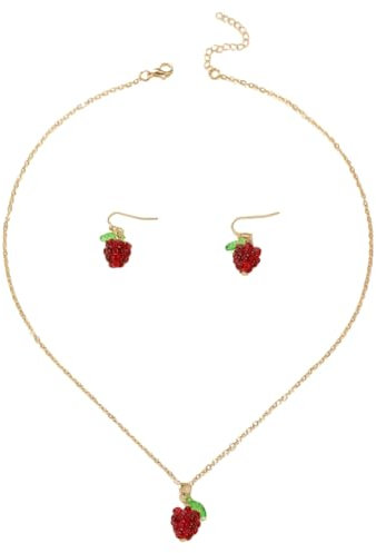 TQUXNGA Himbeer-Charm-Schmuck-Set für Damen, modische Halskette und Ohrringe, Obst-Themen-Zubehör für den täglichen Gebrauch, Wie ausführliche Beschreibung