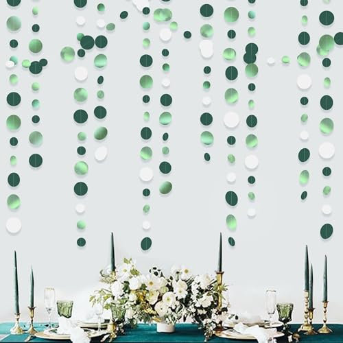 46Ft Sage Green Circle Dots Garland Party Decorations Metallic Sage Green White Hanging Paper Polka Dots Streamer for Birthday Wedding Baby Shower Anniversary Jungle Safari Wild Woodland Theme Decor