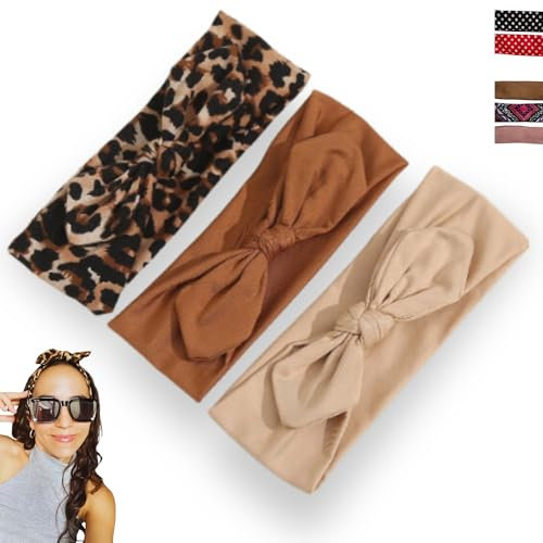 CROMPI Bandeau Cheveux Femme Avec Noeud, Accessoire Cheveux Mode Pour Femme Et Fille. Serre Tete Elastique Parfait Pour Coiffure, Maquillage, Sport, Yoga, Et Styles Du Quotidien. 3 Pcs Coleur Marron