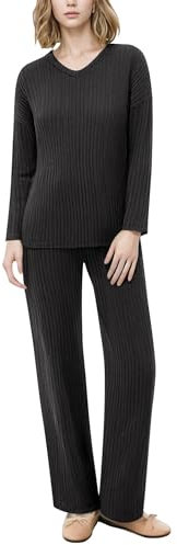AGYMNX Schlafanzug Damen Lang Pyjama Set Baumwolle Lange �rmel Gestricktes Yoga-Sets mit V-Ausschnitt 2 St�ck Slim Fit Frauen Gem�tliche Nachtw�schee mit Taschen Sportanzug Trainingsanzug schwarz S
