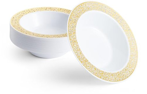 MATANA 100 Premium White Plastic Bowls with Gold Lace Rim, 360ml - Elegant, Sturdy & Reusable - Soup & Dessert Bowls for Weddings, Birthdays, BBQ, Buffets, Catering, Parties
