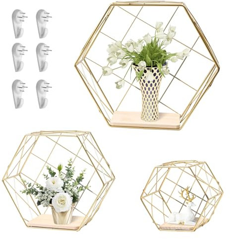 Gemsaya Hexagon Wandregal Metall 3er Set, Wanddeko Hängeregal Schweberegal in 3 Größen, Sechseck Regale für Wohnzimmer, Schlafzimmer, Bad, Flur, Café, Wohnung (Gold)