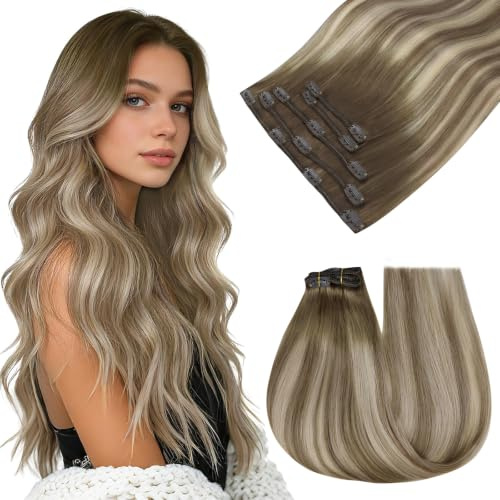 Easyouth Echthaar Extension Clip Balayage Braun Clips in Echthaar Extension Dunkelbraun Aschbraun Ombre Mittelblond Extensions Clip in Remy Menschenhaar Weich 5pz 45cm 70g #3/8/22