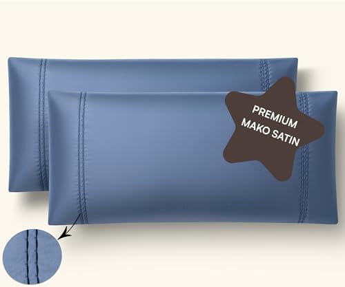 Amqua Mako Satin Kopfkissenbezug 40x80 Baumwolle (2er Set) in Blau mit Stickerei | Satin Kissenbezug 80x40 | Weich wie Seidenkissenbezug | Mako Satin 40x80cm SORA