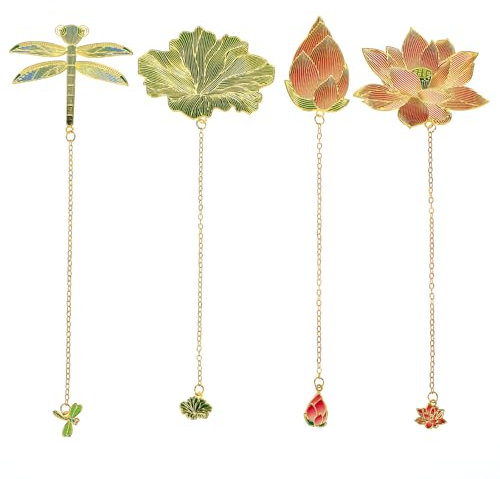 Yuanchu 4 Stück Blumen Lesezeichen mit Anhänger, Metall Lesezeichen mit Kette Niedliche Bücher Zubehör Florales Bookmarks Buchmarker zum Lesen für Frauen Lehrer Schüler Geschenk