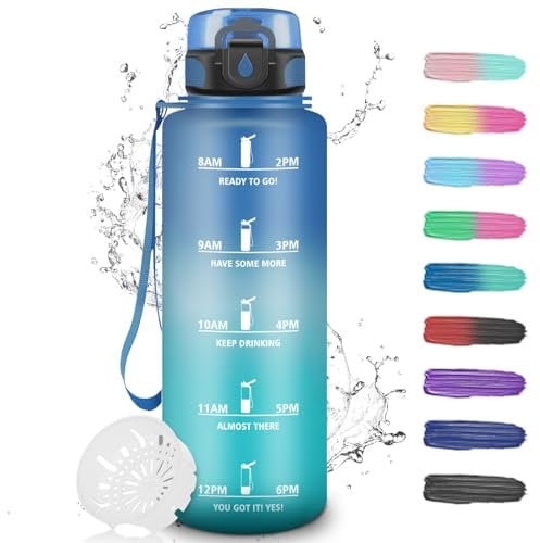 Gourde, Gourde 1,5l, Gourde Sport anti Fuite, Gourde Graduée pour 1 Journee, Facile à Nettoyer, Gourde Motivation avec Marqueur de Temps, Gourde Plastique pour Running, Extérieur, Sport, Bleu-Vert