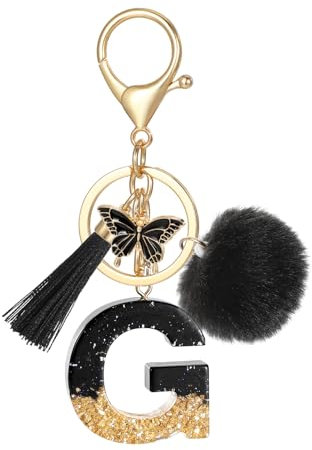 MWOOT Schlüsselanhänger Buchstabe G, Schlüsselanhänger mit Anfangsbuchstaben Schmetterling Bommel Quasten Anhänger für Damen Mädchen, Schwarz Harz Schlüsselringe Name für Rucksack Handtaschen Charms