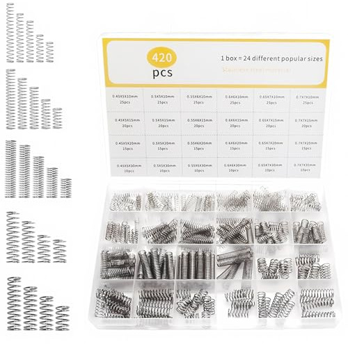 LANZLC Druckfedern Sortiment Set 420 Stück, 24 Spezifikationen Edelstahl Druckfeder, Länge 10mm 15mm 20mm 30mm, Durchmesser 5mm 6mm 7mm, Spiralfeder für Daily Home DIY Craft Repair