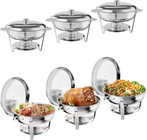 5QT Chafing Dish Buffet Set, 6Pcs Round Chafer Set, Stainless Steel Buffet Server Food Warmers With Lids & Food Pans, Frame, Fuel Holder for Catering Parties Buffet