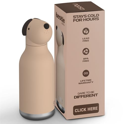 Asobu Bestie Bottle Insulated Stainless Steel Water Bottle with Detachable Soft Animal Head Fun Drinking for Kids and Teens with Flexible Reusable Straw 16 Ounce (Beige Dog)