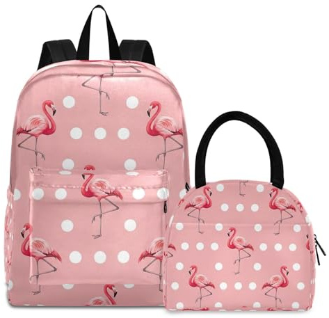 RPLIFE Sac à dos pour enfants, motif flamants roses et pois blancs isothermes et étanches, sac à livres avec boîte à déjeuner