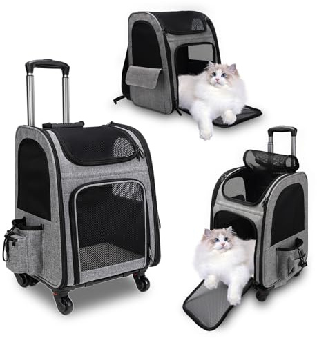 Mochila transportín para gatos con ruedas, apta para perros y gatos de hasta 15 kg, ideal para paseos, viajes y visitas al veterinario
