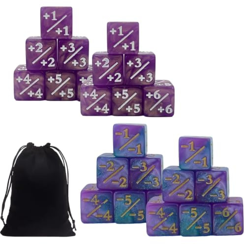 24 Stück Zählerwürfel TCG, MTG Spielwürfel, Commander Spielmarker +1/-1 | Mattes Acryl, 24 D6 Marker 16mm in Rosa und Blau-Violett mit 12x15cm Beutel für TCG, CCG, Commander und Spieltische