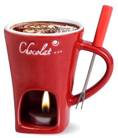 TETSMG Schokofondue Tasse Set, Schoko Fondue Tasse mit Gabel, Keramik Schokoladenfondue Becher zum Schmelzen von Schokolade Käse und Butter, Käse und Schokolade Fondue Schmelztopf (Rot, A)