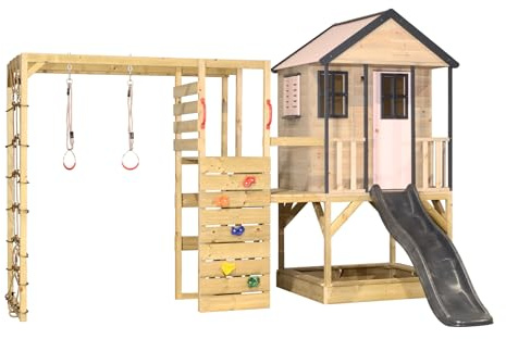 Wendi Toys M48-G Stelzenhaus mit Rutsche, Kletterturm aus FSC-Holz, Spielhaus Kinder Outdoor Garten mit Plattform 90/120 cm, Kletterwand, Kletternetz, Turnringe, 340×360×242 cm