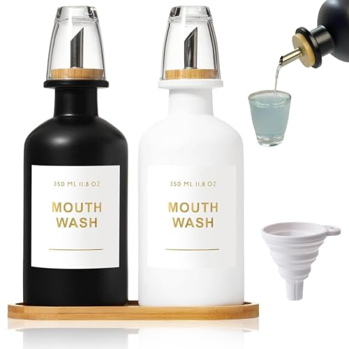 11.8 oz Glass Mouthwash Dispenser for Bathroom with Bamboo Tray & Steel Nozzle, Glass Mouthwash Decanter with funnel, Reusable Cup, for Bathroom, Home, Bedroom, Office, hotel, Outdoor
