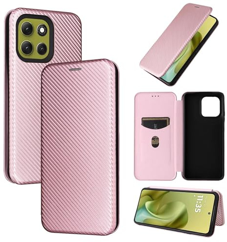 Wigento Für Motorola Moto G86 5G Carbon Faser Hybrid Kunstleder Flip Schutz Hülle Rosa