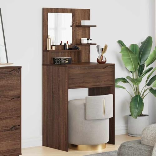 Hoopleep Moderner Schlafzimmer-Frisiertisch, Braun Eichen-Optik, mit 2 Regalen, Spiegel und leichtgängigen Schubladen, ideal für Make-up und Aufbewahrung im Jugendzimmer