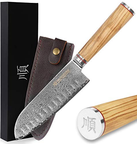 YOUSUNLONG Damastmesser Santokumesser, Klinge 17,00 cm Länge mit schwarzem Hammerschlag - sehr hochwertiges sehr scharfes Profi Santokumesser mit Damastklinge und Olivenholzgriff, Küchenmesser