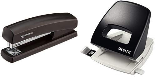Amazon Basics Heftgerät mit 1.000 Heftklammern, Schwarz & Leitz Locher, 25 Blatt, Anschlagschiene mit Formatvorgaben, Metall, NeXXt, Schwarz, 50050095