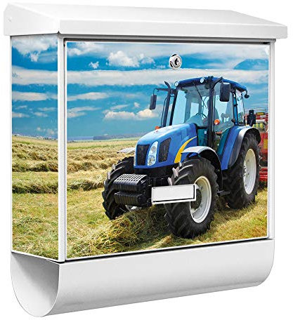 banjado® Burgwächter Briefkasten Weiß 38x39x12cm mit Motiv Traktor/Briefkasten mit Zeitungsfach/Briefkasten mit Zeitungsrolle/Postkasten inkl. Montagematerial & 2 Schlüsseln