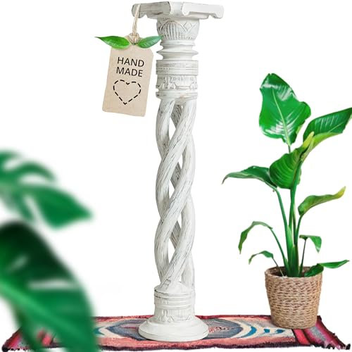 livasia gedrehte Deko Holzsäule 60cm – Antik-Look Podest, Blumensäule, Dekosäule aus Albiziaholz – Balinesische Handwerkskunst, Nachhaltig und Einzigartig (Weiß)