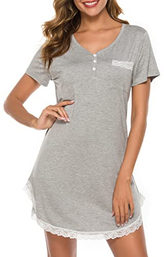 Vlazom Chemise de Nuit Femme Manche Courte Ete Robe de Nuit ,Style A-gris,S