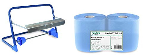 2 x blaue saugstarke Papierrolle mit Wandhalterung, 1000 Blatt, 22x36 cm | 2-lagige perforierte Papiertücher | für Industrie, Werkstatt und Restaurant | Durchmesser 25 cm