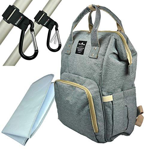 Wickelrucksack mit Babies1st Kinderwagenhaken B1-WRB1 | 10 Fächer, 3 Flaschehalter, Wickelunterlage | ca. 42 x 29 x 21 cm. nur 670 gr | Grau