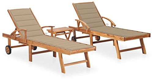 Gecheer Sonnenliegen 2 STK. mit Tisch und Auflagen Holzliege Sonnenliege Gartenliege Liegestuhl Relaxliege Gartenliege Deckchair für Garten Urlaub Outdoor, Massivholz Teak