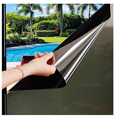 Zindoo Vinilos para Cristales Vinilo Espejo Vinilo Adhesivo Cristal Vinilo No Adhesivo Efecto Espejo Protección de Privacidad Bloquea UV para Hogar Oficina Tienda Plata Negro 90 * 300CM