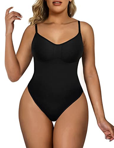 SHAPERX Bodysuit Figurenformend Damen Body Shaper Bauchweg Sculpting Shapewear Ganzkörper Formende Bodys Verstellbarer Schultergurt, UK-SZ5213-Black-S/M
