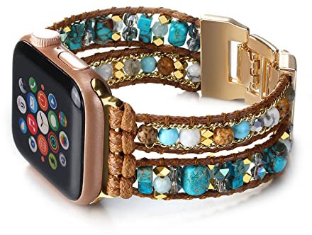 CHARMINGO Correa de cuero bohemio compatible con Apple Watch Band pulsera de cuentas para mujeres y hombres de 42mm/44mm/45mm/49mm, correa multicapa para Apple Watch Band Series 9, 8, 7, 6, 5, 4, 3,
