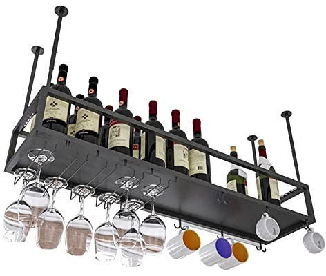 FBITE Meuble de Bar Suspendu au Plafond Porte-Bouteilles de Vin Mural au Plafond, Art du Fer Suspendu Porte-Verre à Vin à Hauteur Réglable pour Bars Cuisines Décoration Étagère de Rangement, Noir
