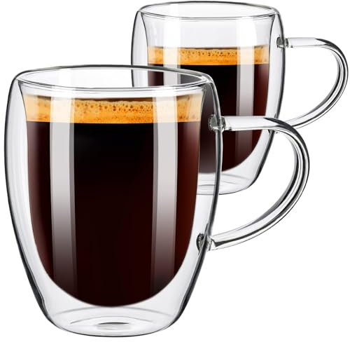 ParaCity Cappuccino Tassen 2er Set, 350ml Latte Macchiato Gläser, Doppelwandige Gläser mit Henkel, Espressotassen aus Borosilikatglas, Kaffeegläser für Spülmaschinenfestes (350ML)