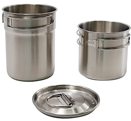 2 Pcs Stainless Steel Camping Cookware Set - 33oz & 24oz Lightweight Cups with Foldable Handles & Vented Lids | 304 Food-Grade for Backpacking, Hiking & Picnics