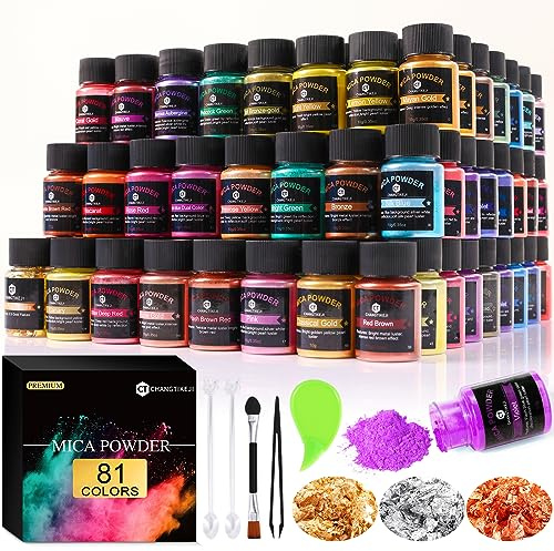 CHANGTIKEJI Mica Powder - 81 Colors - 10g/Bottle of Natural Pigment Powder for Epoxy Resin，Soap Making，Candle Making,Car Freshies,Dye,Nail Polish,Bath Bombs