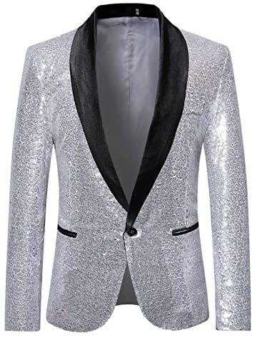 Tuta casual da uomo, alla moda, con paillette, giacca estiva da lavoro, a maniche lunghe, per il tempo libero, per l'autunno/inverno, per feste, appuntamenti, balli, matrimoni, smoking, argento, XL