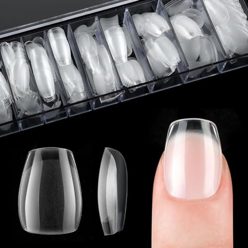 cobee Mini Short Nail Tips, 504pcs PMMA Resin False Press on Nails Clear Soft Gel Full Cover Fake Nail Tips Half Matte Pre-Etched for Women Nail Salon Home DIY Extensions, 12 Sizes(Short Trapezoidal)