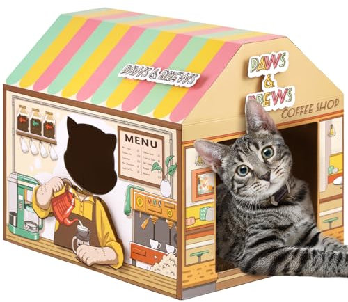 SEKAM Katzenhaus aus Karton mit Kratzer/Katzenminze, 41,9 x 30,5 x 38,1 cm, Kitty-Kaffeeshop für drinnen und draußen, Katzenspielhaus und Heimdekoration, Katzenkratzspielzeug für Geburtstag, Versteck