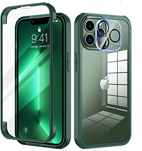 seacosmo for iPhone 13 Pro Max Case 6.7 Inch, Full-Body Shockproof Case with Built-in Glass Screen Protector and Camera Lens Protector Rubber Bumper Case Cover for iPhone 13 Pro Max - Green/Clear