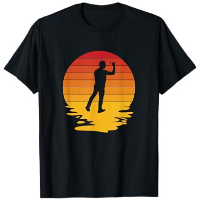 Dartspieler Silhouette Retro Sonnenuntergang Design T-Shirt