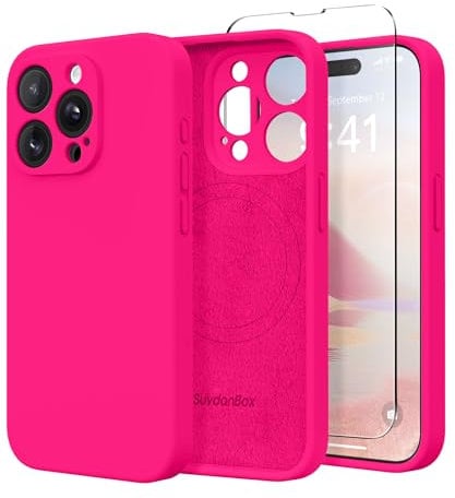 SuydanBox Magnetic for iPhone 15 Pro Max Case, Compatible with MagSafe, [Full Camera Protection][Screen Protector] Silicone Shockproof Protective Phone Case for iPhone 15 Pro Max 6.7, Hot Pink