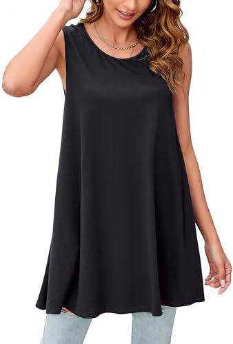Enmain Schwarze Tank Tops Damen Sommer Tunika Ärmellos Große Größen Lange Tops Longbluse Longshirt Lässig für Leggings Oberteile Bluse Locker L